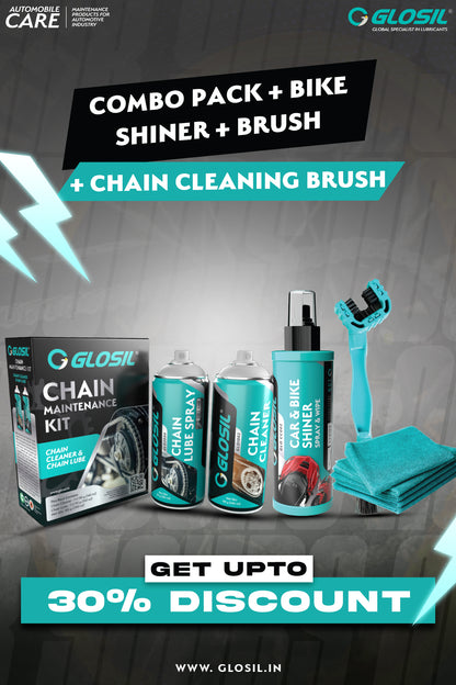Glosil Motorcycle Chain Maintenance Kit | Chain Lube 150ml, Bike Shiner 100ml, Chain Cleaning Brush & Microfiber Cloth
