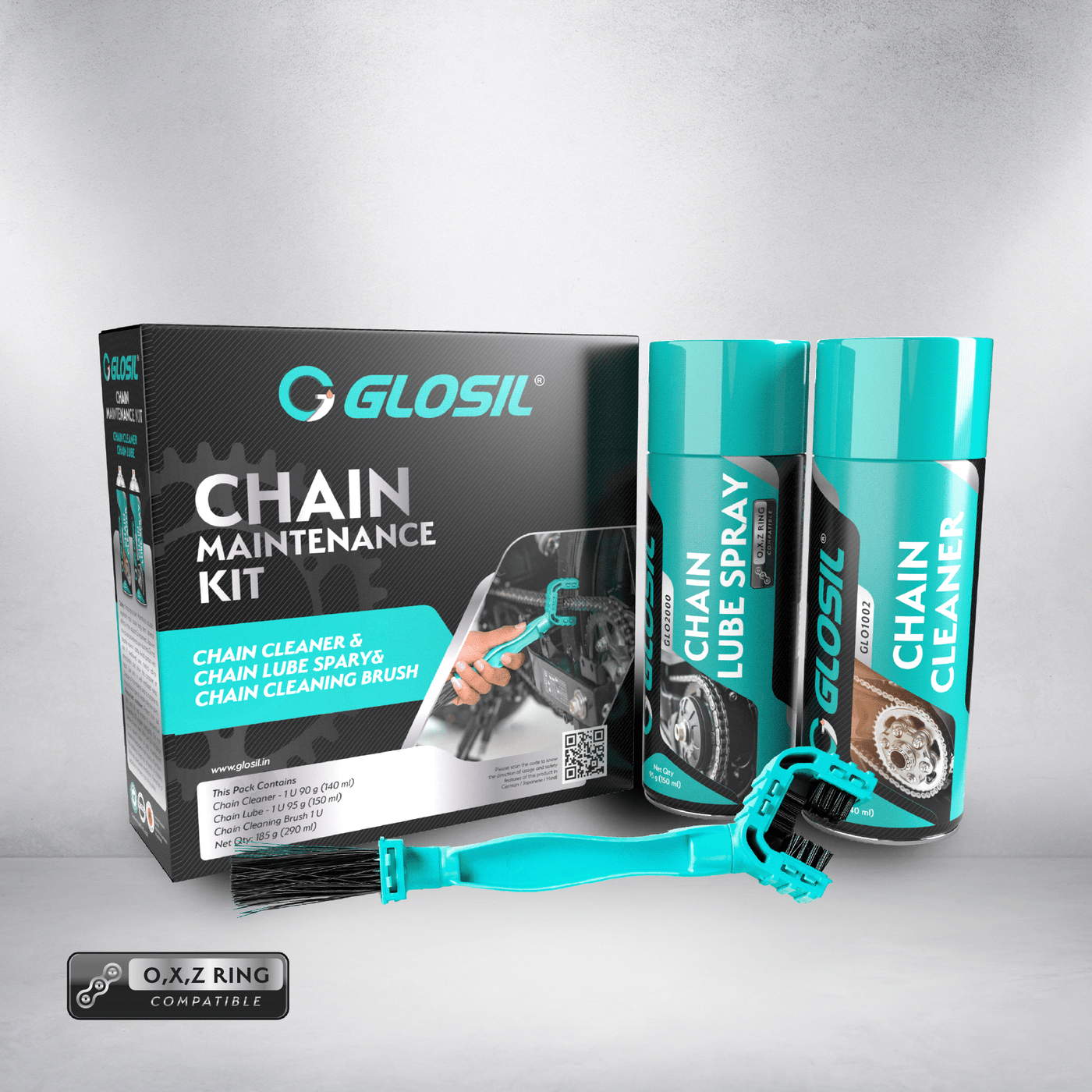 Chain Cleaner Packing Box Glosil 3-in-1 Bike Chain Care Kit | Chain Cleaner 140mL + Chain Lube 1